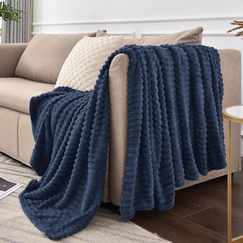 3D Ribbed Navy Blue Fleece Throw Blanket for Couch (Navy / Throw XL(50"x70"))