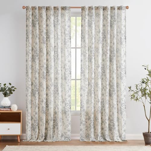 Vintage Floral Linen Curtains 96 Long for Living Room 2 Panels (Grey / 50"W x 96"L (Pack of 2))