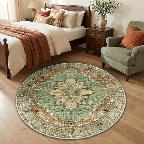 Washable Area Rug (Brick/Brown/Green / 4' (Round))