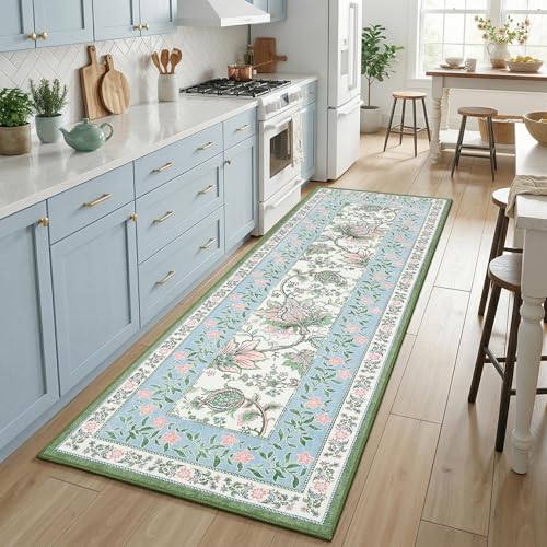 Blue Green Pink 2x3 Door Mat Indoor Rugs for Entryway Provence Small Botanical Grove Cottage core Washable Non (Blue Green Pink / 2' x 3' (Rectangular))