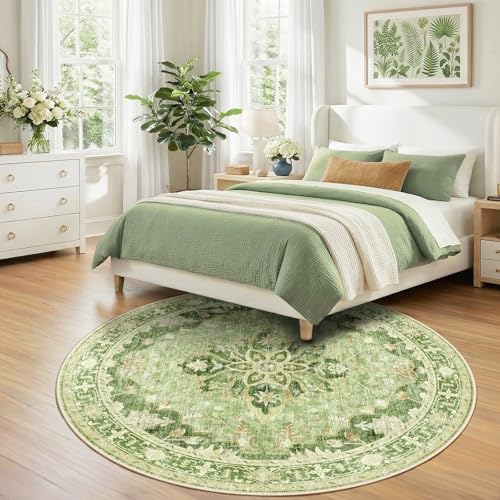 Washable Area Rug (Green/Yellow / 7' (Round))