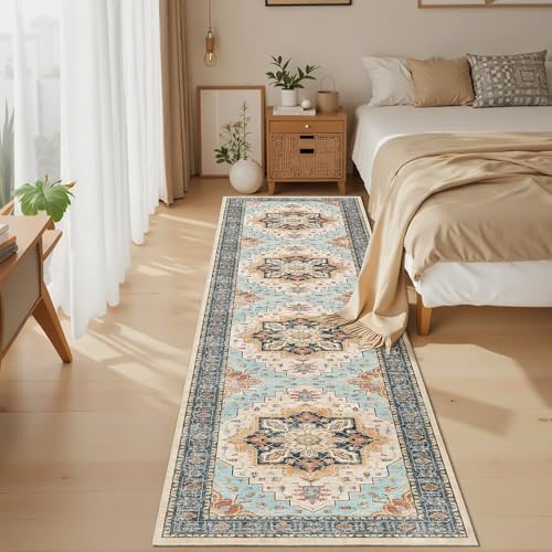 Washable Runner Rugs 2x10 Long for Hallway Kitchen (Orange/Blue / 2' x 10' (Runner))