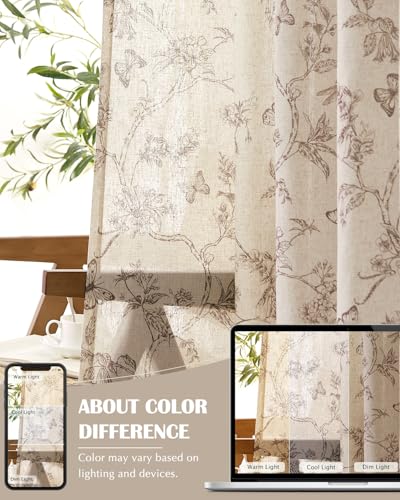 Floral Linen Curtains for Living Room 84 Inch Length Butterfly Curtain Taupe Floral Curtains French Country Farmhouse Curtain Flower Patterned Drapes Window Treatment Set 2 Panels (Flower Taupe / 50"W x 84"L (Pack of 2))