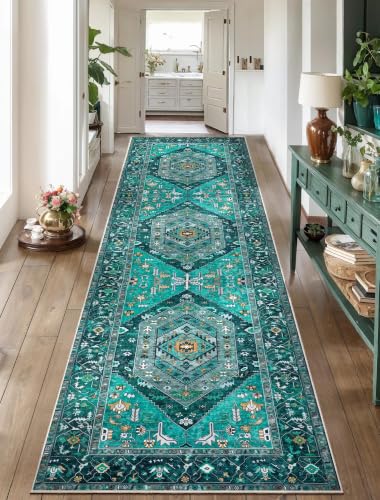 2'6"x10' Washable Non Slip Boho Runner Rug for Hallway (Teal/Multi / 2'6" x 10' (Runner))
