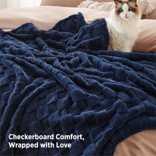 Checkered Fleece Throw Blankets for Bed (06 Navy / Throw XL (50" X 70"))