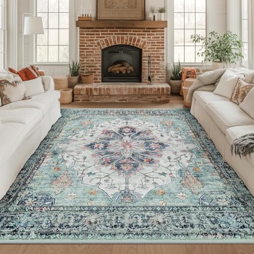 Washable Area Rug (Teal Green/White/Navy / 8' x 8' (Square))