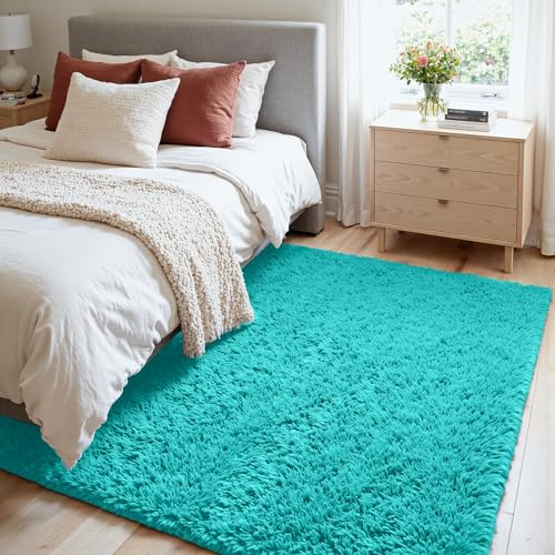 4x6 Fluffy Shag Area Rugs for Living Room Bedroom (Teal Blue / 4' x 6' (Rectangular))