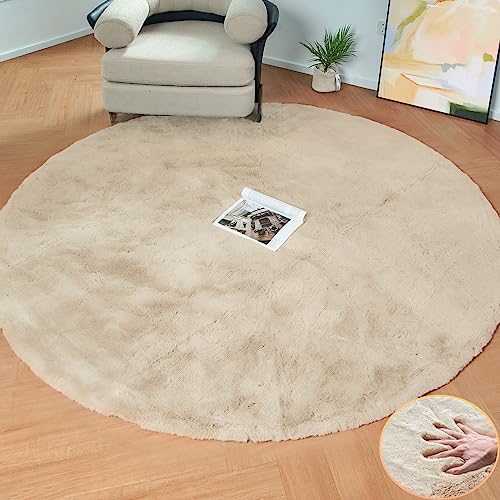 Light Brown Beige Washable Shaggy Round Rug 5ft Faux Rabbit Fur Rugs for Living Room Circle Nursery Rug for Bedroom Girl Room Décor (5' (Round) / Beige)
