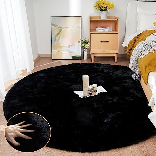 Black Round Area Rug 5ft Washable Faux Fluffy Fur Rug for Bedroom Circle Nursery Rug for Living Room Girl Room Cute Décor (5' (Round) / Black)