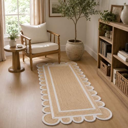 Jute Runner Rug 2x16 Ft with Scalloped Border (Off White / 2' x 16' (Rectangular))