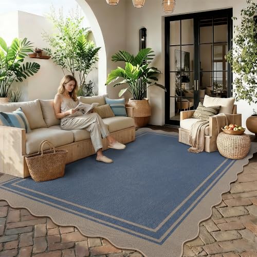 6x9 Scalloped Rug Easy Jute Washable Outdoor Patio Rug for Living Room Indoor Outdoor Blue Geometric Neutral Carpet for Backyard Patio Dining Room (6'*9'(Rectangular) / Blue)