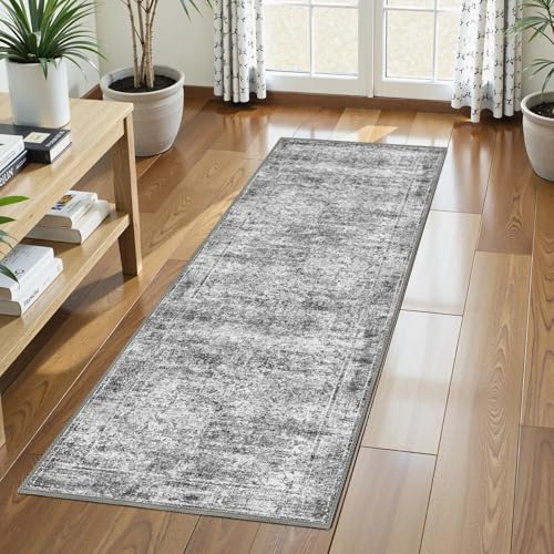 Washable Area Rug 2'6'' x 8' Vintage Traditional Persian Mat (Graphite and Mist / 2'6" x 8' (Rectangular))