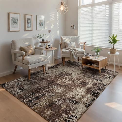 Living Room Rug 5x7 Brown Area Rug Machine Washable Boho Coffee Rug Non Slip Abstract Vintage Indoor Large Rugs for Bedroom (Brown / 5' x 7' (Rectangular))