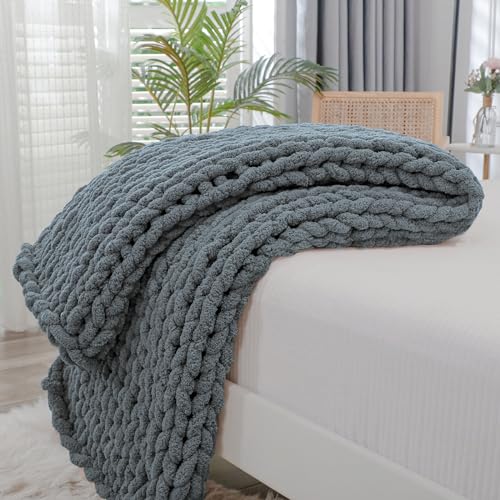 Chunky Knit Throw Blanket for Couch (Iron Gray / 40"x60" (Medium Size Throw）)