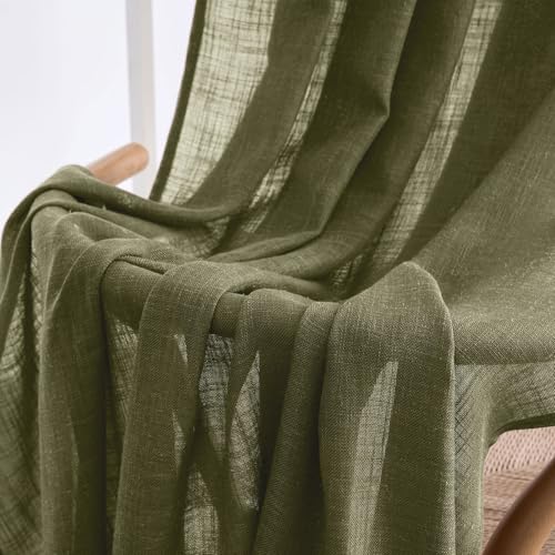 Light Olive Green Linen Curtains 52x90 Inch Long 2 Panel for Bedroom (52"W x 90"L (Pack of 2) / Light Olive Green)