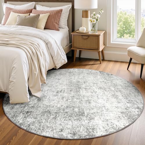 Washable Round 4ft Area Rug for Living Room Gray White (Gray/White / 4' (Round))