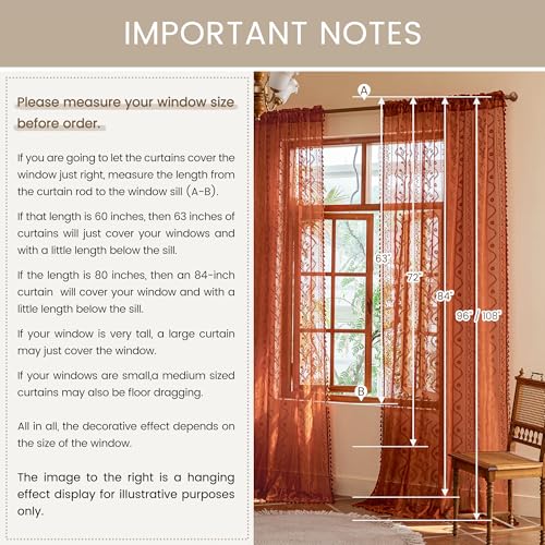 Boho Lace Curtains 63 Inch 2 Panels (Terracotta / 52"W x 63"L (Pack of 2))