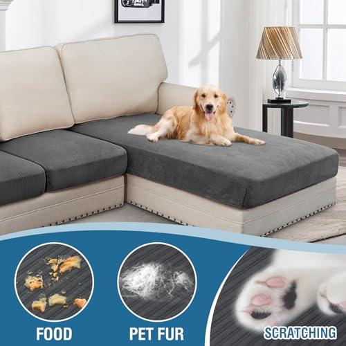 Velvet Stretch Sectional Couch Covers (Striped Grey / 2 Seater + Chaise)