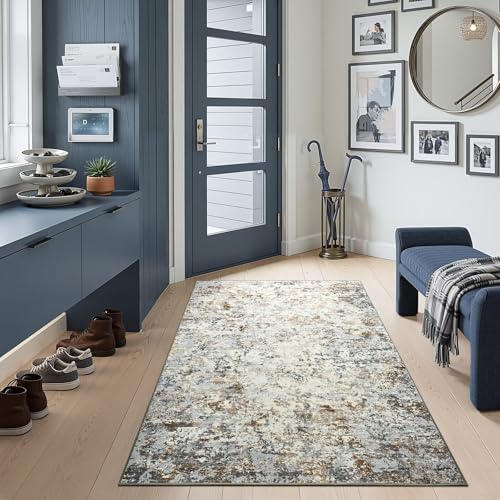 Abstract Area Rug Modern Washable Rug Soft Non Slip Rug Low Pile for Bedroom Living Room Dining Room Brown Grey Gold 3x5 Feet (Brown Grey Gold / 3' x 5' (Rectangular))