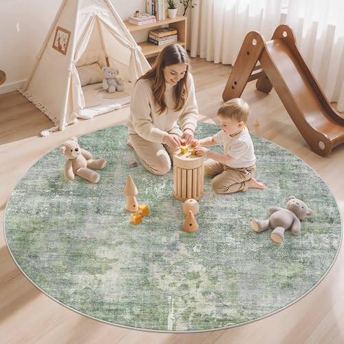 Abstract 6x6 Round Rug 6ft Circle Living Room Rugs (Green/Ivory / 6' (Round))