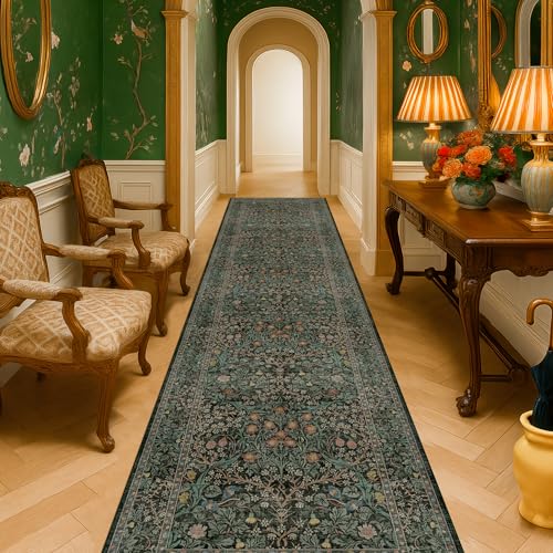 Dark Green Washable 3x12 Extra Long Runner Rug for Hallway Non Slip (Dark Green / Black / 3' x 12' (Runner))