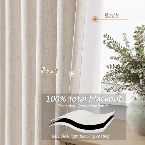 100% Blackout Linen Curtains 63 Inch Length 2 Panels Set for Living Room Bedroom Back Tab Thermal Insulated Black Out Drapes Room Darkening Farmhouse Style for Bedroom Window Curtains 52x63 (Linen / 52"W x 63"L (Pack of 2))