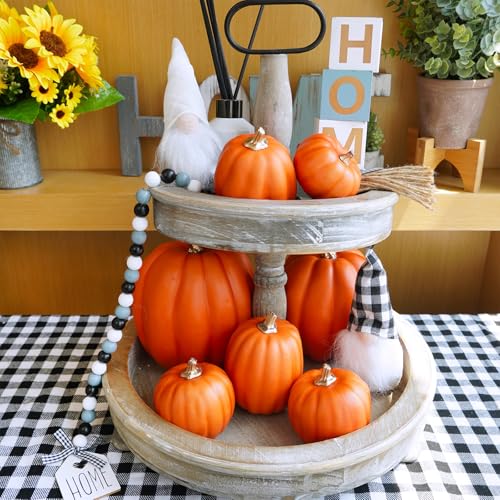 7 Pcs Assorted Harvest Orange Artificial Pumpkins Decorative Pumpkins Foam Pumpkins with Gold Stems for Fall Harvest Autumn Home Wedding Thanksgiving Halloween Party Table Centerpiece Décor (Dark Orange)