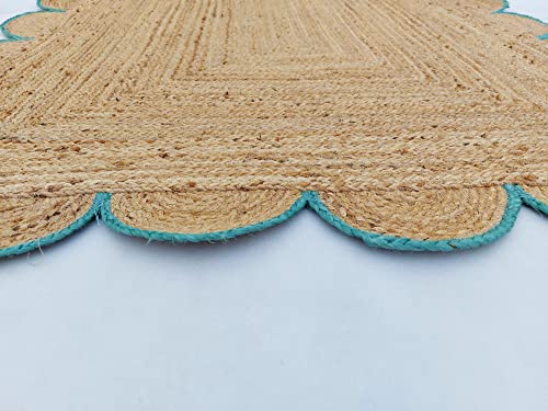 Scalloped Natural Jute Area Rug (6'x9' (Rectangular) / Teal)