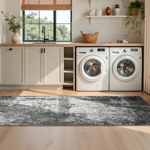 2x6 Black Rug Runners for Hallways Kitchen Runner Rug Non Slip Washable Black Long Runner Rugs with Rubber Backing Soft Abstract Carpet Runner for Bedroom (Black / 2' x 6' (Runner))