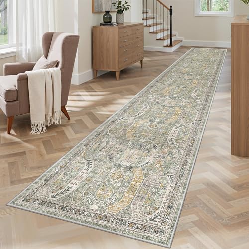 Washable Runner Rugs 2x12 Long for Hallway Kitchen Soft (Green/Gold / 2' x 12' (Runner))