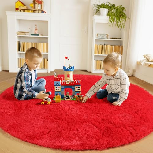 Red Fluffy Round Rug Circle Area Rugs 4ft for Kids Girls Boys Teen Bedroom (Red / 4' (Round))