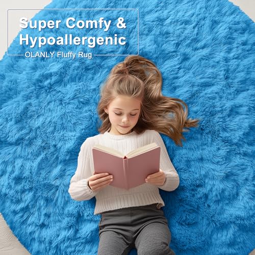 Bright Blue Round Rugs for Bedroom (4 Ft Round / Bright Blue)