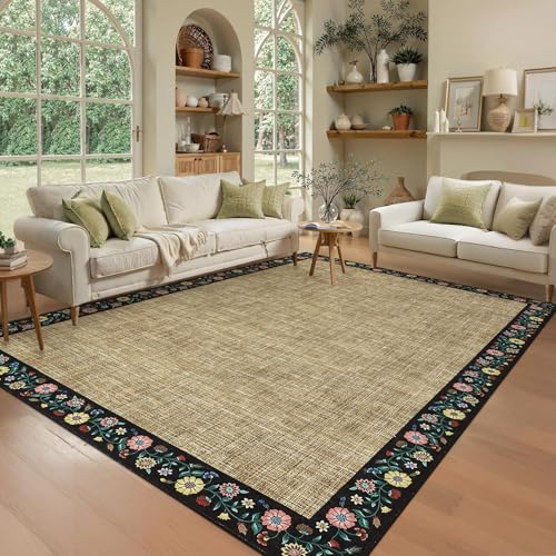 Washable Living Room Rug 9x12 Floral Bordered Area Rugs Soft Thin Indoor Carpet for Bedroom Modern Throw Aesthetic Mat Non Slip Stain Resistant Carpet for Dining Room Office (Flax/Black / 9' x 12' (Rectangular))