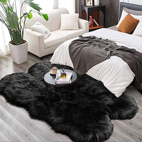 Black Faux Fur 4x6 Area Rug Tapetes para Sala for Bedroom Fluffy Plush Shag Rug for Living Room Furry Rugs Washable Rug Luxury Home Décor (4' x 6' (Sheepskin) / Black)