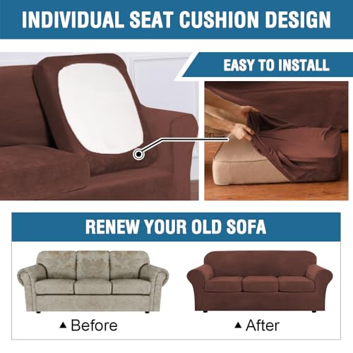 Real Velvet Plush 3 Piece Stretch Sofa Covers Couch Covers for 2 Cushion Couch Sofa Slipcovers Width Up to 90 Inch Feature Thick Soft Stay in Place (2 Cushion Sofa / Burnt Brick)