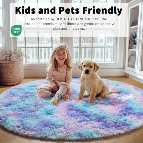 Rainbow Fluffy Round Rug Circle Area Rugs 4ft for Girls Kids Teen Bedroom (Rainbow / 4' (Round))