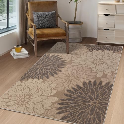 3x5 Easy Jute Outdoor Rug Floral Textured Porch Rug for Entryway Front Door (3'*5'(Rectangular) / Tan/Floral)