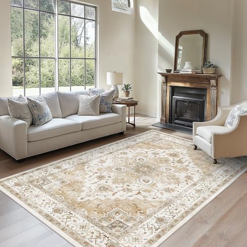 Amada 6x9 Washable Area Rug for Dining Room (6' x 9' (Rectangular) / Distressed Beige/Cream)