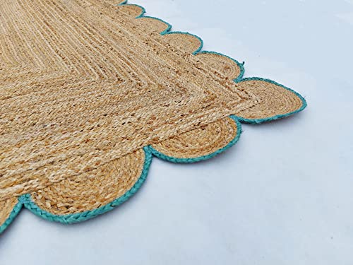 Scalloped Natural Jute Area Rug (6'x9' (Rectangular) / Teal)