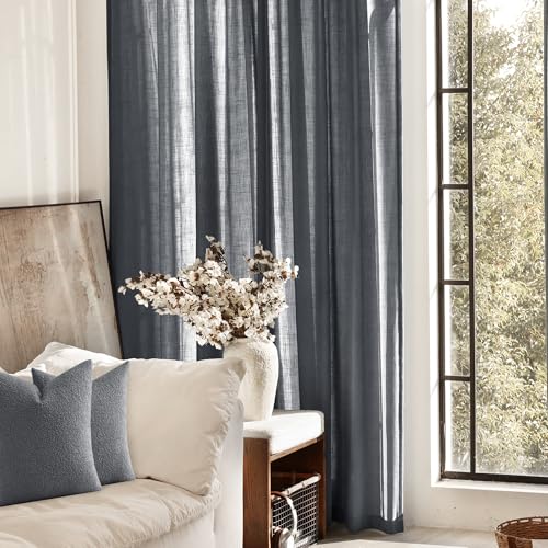 Dark Gray Curtains for Living Room Back Tab Modern Farmhouse Semi Sheer Gray Curtains 96 inches Long 2 Panels Set Muted Neutral Window Curtain for Dining Room Bedroom 52x96 (Dark Gray / 52"W x 96"L (Pack of 2))