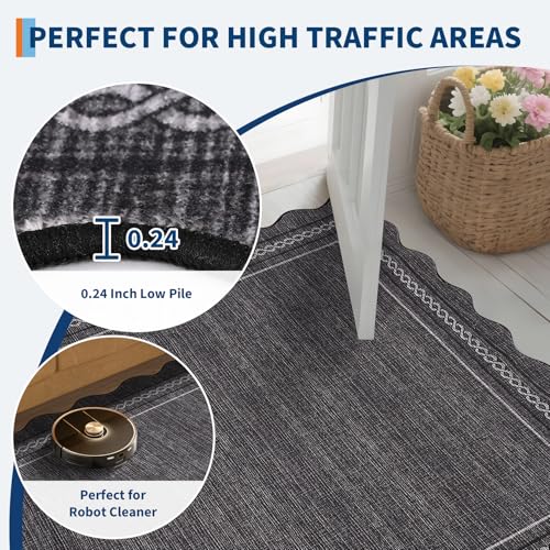 Scalloped Washable Rug 2x10 Kitchen Runner Non Slip (Charcoal / 2' x 10' (Runner))