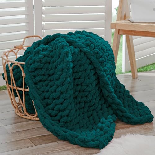 Chunky Knit Throw Blanket for Couch (Dark Green / 40"x60" (Medium Size Throw）)