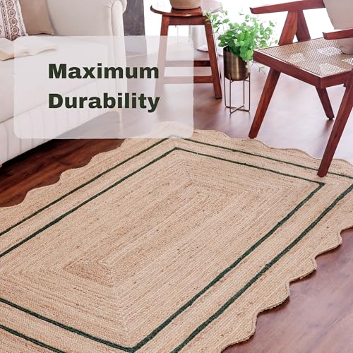 Wave Scalloped Jute Rug Entryway Natural Boho Area Rug Green 10'x14' (10'x14' / Emerald Green)
