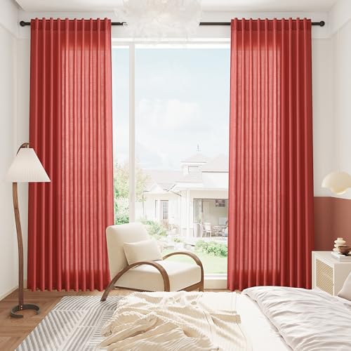 Christmas Red Linen Curtains 72 Inches Long for Living Room Light Filtering Semi Sheer Curtain Back Tab and Rod Pocket Vintage Rustic Luxury Home Decor Neutral Drapes for Bedroom 52x72 (52"W x 72"L (Pack of 2) / Christmas Red)