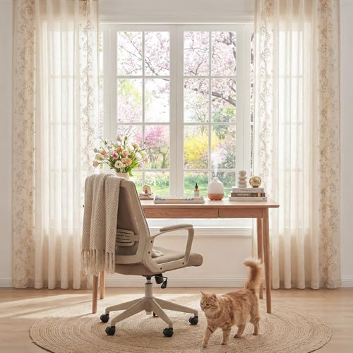 Floral Linen Curtains 96 Inch Farmhouse Back Tab 2 Panels (Vine | Beige / 50"W x 96"L (Pack of 2))