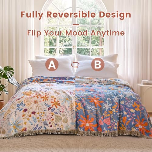 Boho Throw Blanket 50"x60" 100% Cotton Floral Blanket Couch Decor (Beige Navy / 50"x60")