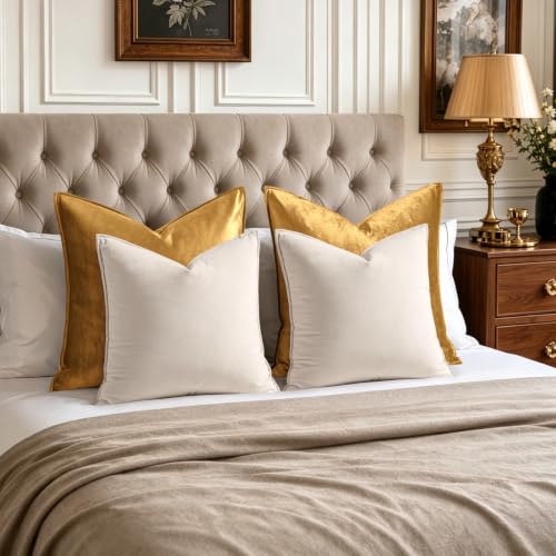 Decorative Cream White Velvet Euro Sham Throw Pillow Covers 24x24 in (24" x 24" (Pack of 2) / Cream White)