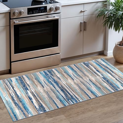 Modern Abstract 2x5 Runner Rug Non Slip Washable Kitchen Rugs (Blue Aqua/Beige Taupe Multi / 2' x 5' (Runner))