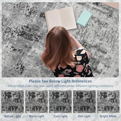 Living Room Rug 9x11 Gray Area Rugs Machine Washable Abstract Boho Large Rug Non (Grey / 9' x 11' (Rectangular))