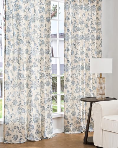 Blue Floral Linen Curtains 84 Inch Vintage Back Tab 2 Panels (*Jacobean Blue / 50"W x 84"L (Pack of 2))